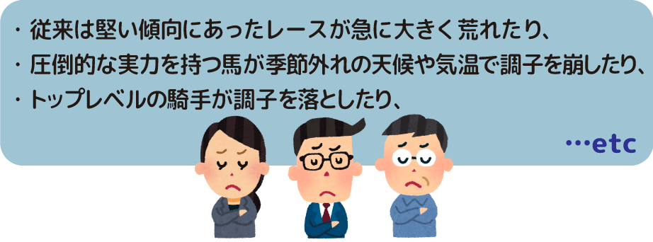 ・従来は堅い傾向にあったレースが急に大きく荒れたり、・圧倒的な実力を持つ馬が季節外れの天候や気温で調子を崩したり、・トップレベルの騎手が調子を落としたり、