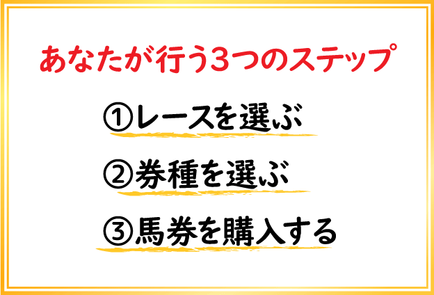 1)レースを選ぶ　→　2)券種を選ぶ　→　3)馬券を購入する