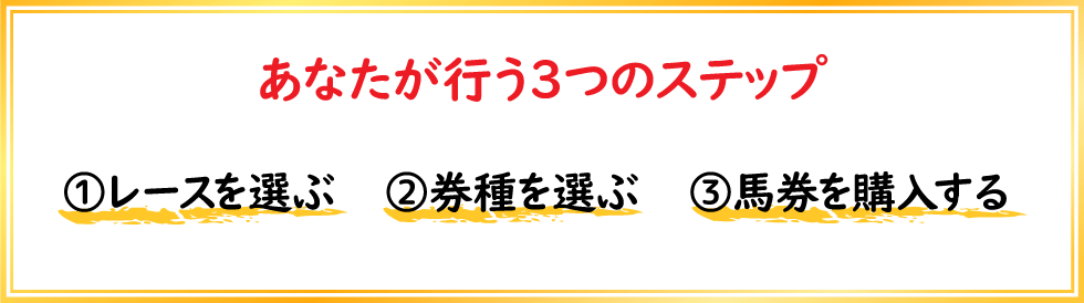 1)レースを選ぶ　→　2)券種を選ぶ　→　3)馬券を購入する